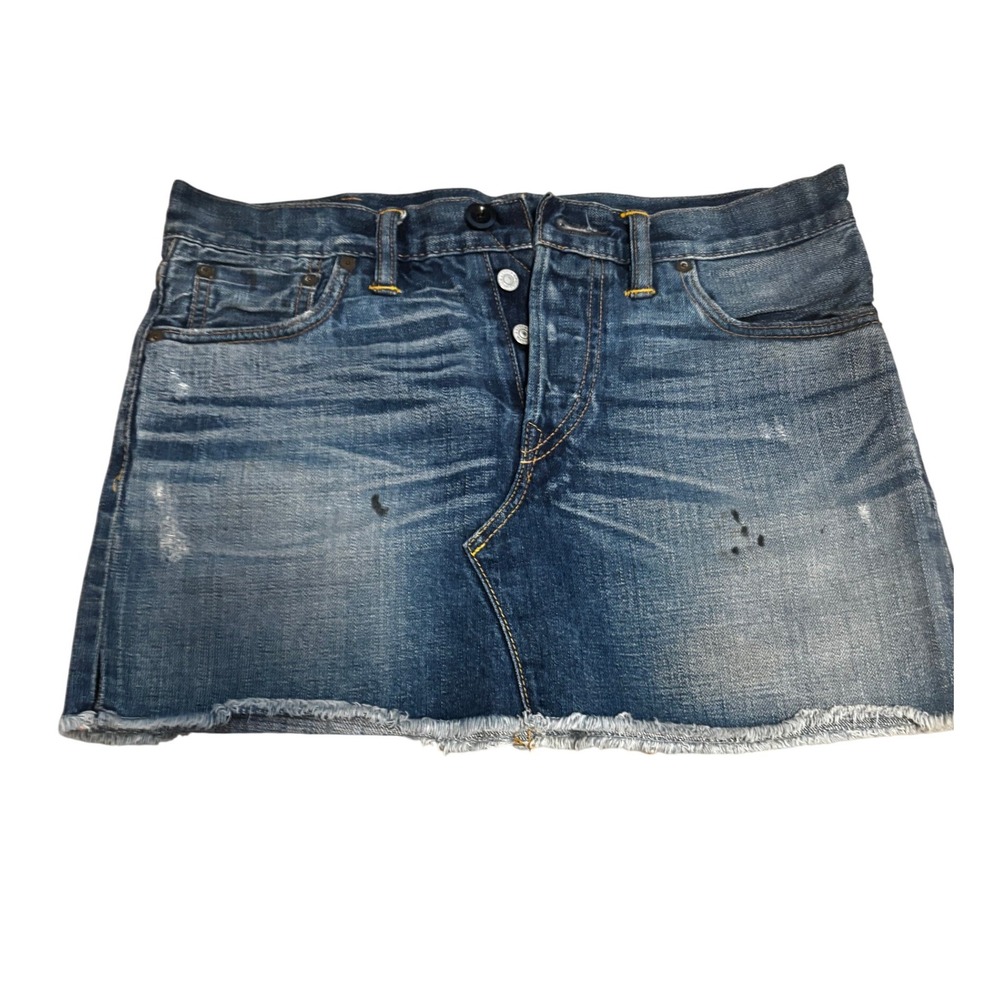 RRL Ralph Lauren Denim Skirt Button Fly Distressed Frayed Hem Size 27
